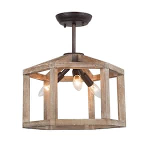 The 14 in. 3-Light Distressed Wood and Aged Iron Semi- Flush Mount Ceiling Light Perfect for Tranquil Country Living