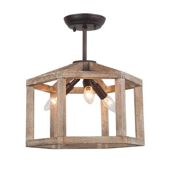 Unbranded The 14 in. 3-Light Distressed Wood and Aged Iron Semi- Flush Mount Ceiling Light Perfect for Tranquil Country Living