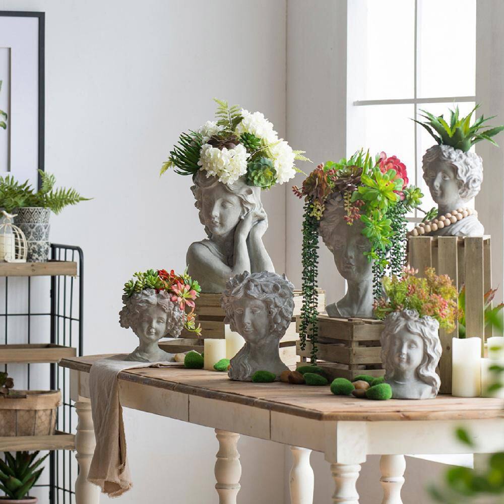 Gray Cement Floral Wreath Lady Head Planter Sculpture