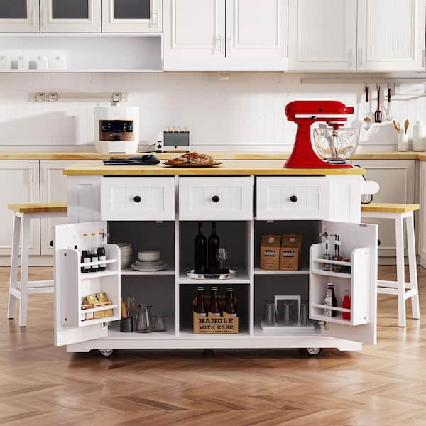 White Classic Wood 53 in. Kitchen Island with Folding Panels/Electrical Outlet/In-Door Storage/Open Shelves Both Sides