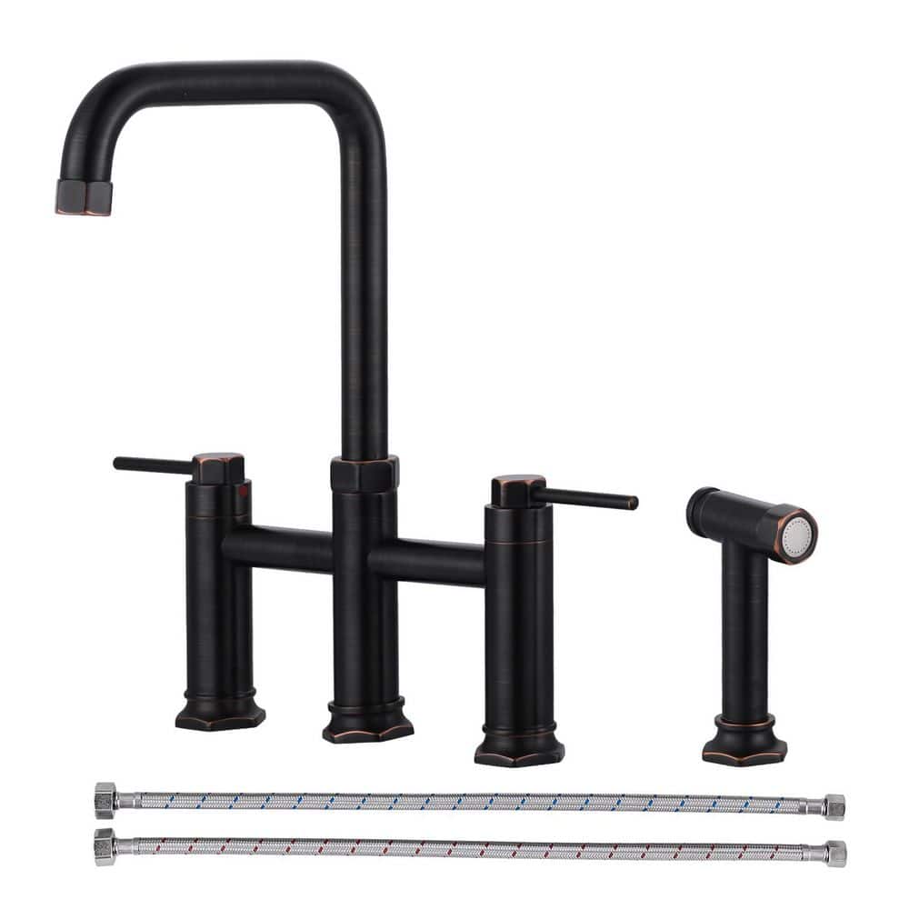 Solid Brass 2-Handle High-Arc 4-Hole Deck-Mount Kitchen Faucet with Side Sprayer in Oil Rubbed Bronze