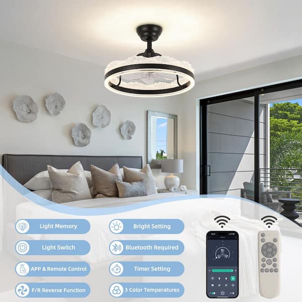 13.8 in. Black LED Flush Mount Ceiling Fan with Dimmable Lighting Modern Fandelier Fan with Remote for Living Room