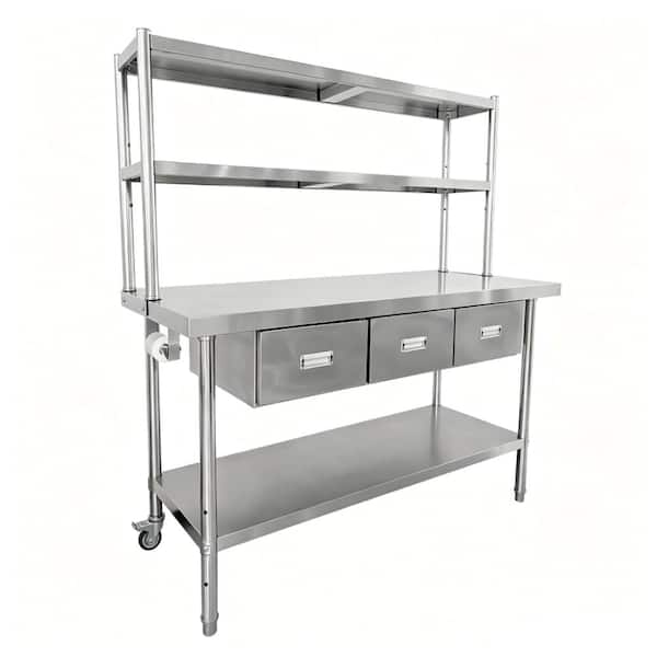 Heavy Duty Stainless Steel Commercial Work Table with 2-Tier Overshelves - Durable Food Prep Station for Restaurant