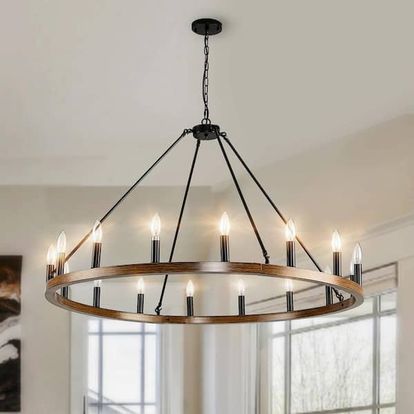 Lagre Wagon 16-Light Farmhouse Round Wheel Chandelier Dining Room Pendant Light,Brown and Black