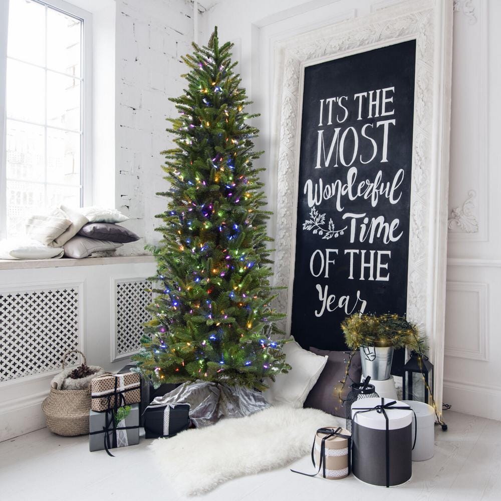 7.5-Foot Green Slim Pine Artificial Christmas Tree with Multicolor LED Lights