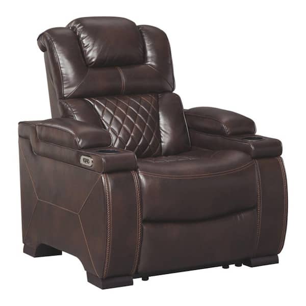 Benjara Brown Vegan Faux Leather Power Recliner with Adjustable Back and 2-Cup Holders