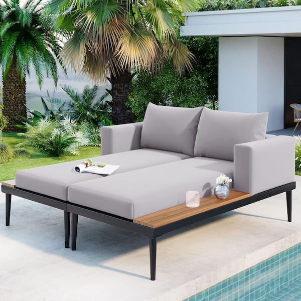 Wood Outdoor Day Bed with Gray Cushions