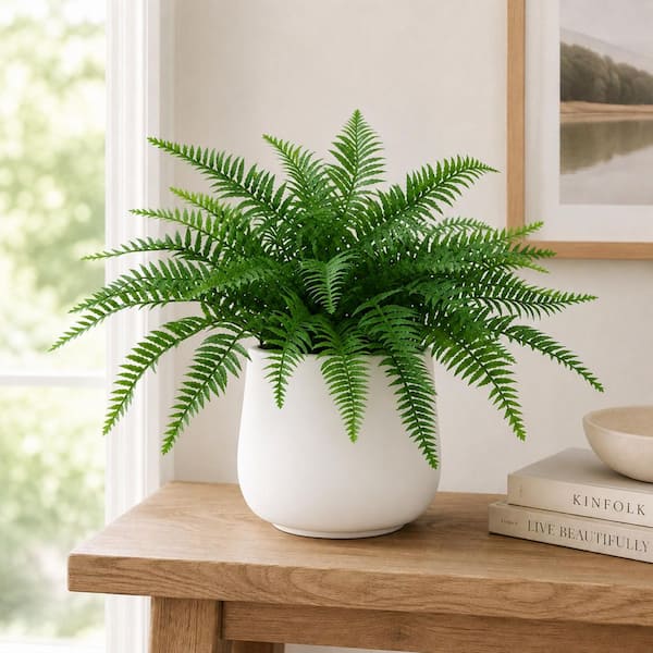 22 in. Artificial Fern Bush in White Pot