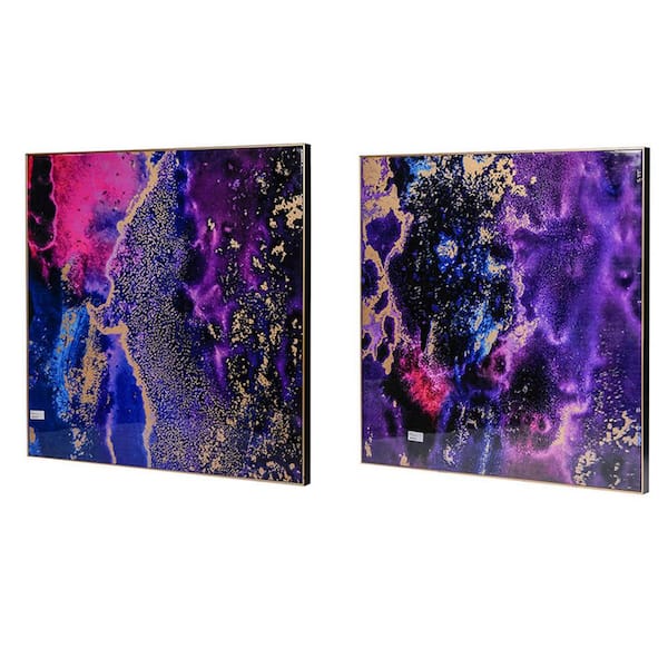 Benjara Pink, Purple and Gold Wooden Framed Abstract Painting Wall Art Prints (Set of 2)