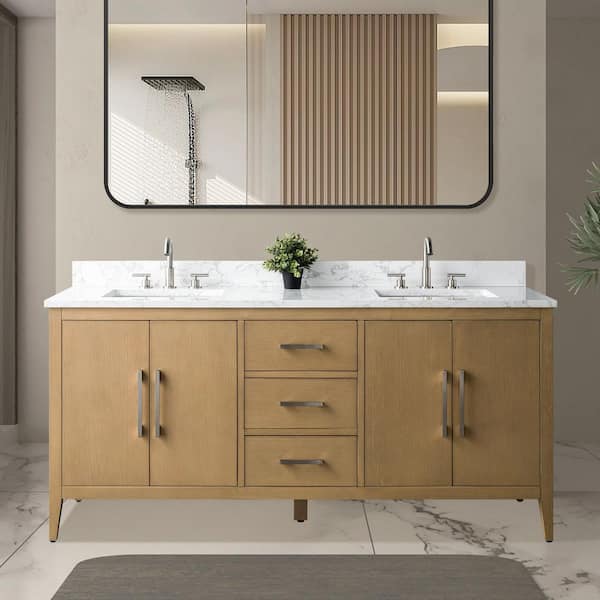 Vanity Art 72 in. W x 22 in. D x 38 in. H Double Sink Bath Vanity in Natural Oak with Engineered Marble Top in Arabescato White