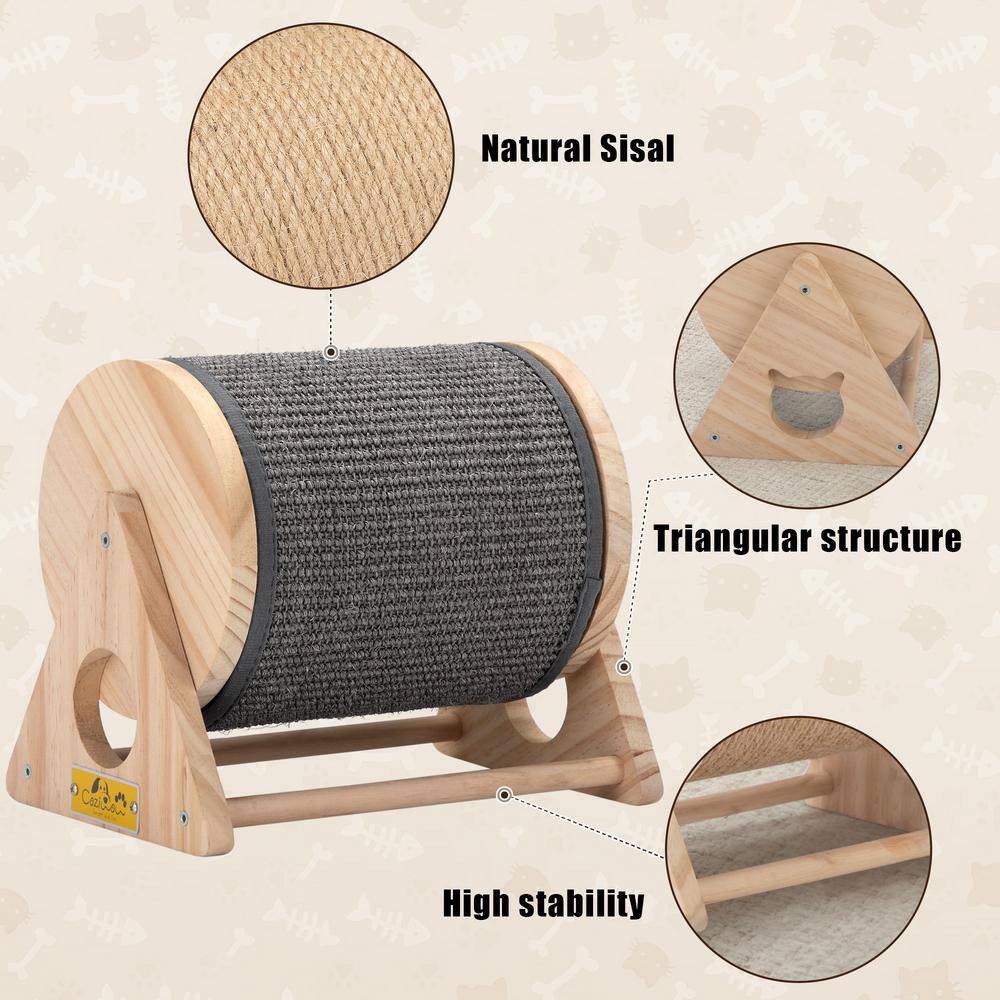 Natural Pine Wood Rotatable Cat Scratching Post with Sisal Carpet