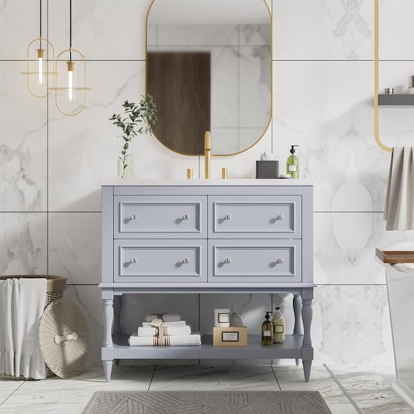 Unbranded 36 in. W x 18 in. D x 34 in. H Freestanding Bath Vanity in Blue with White Resin Top and 4-Drawers