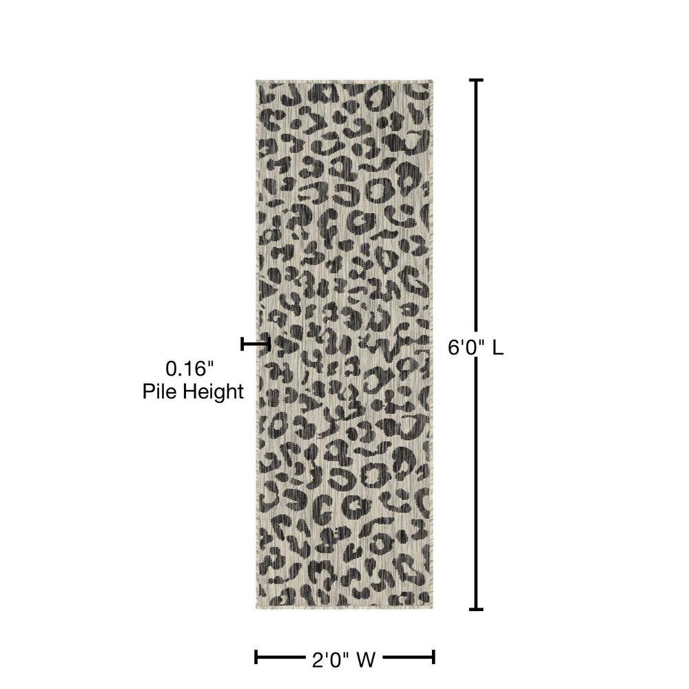 Light Gray and Black Abstract Animal Print Outdoor Runner Rug