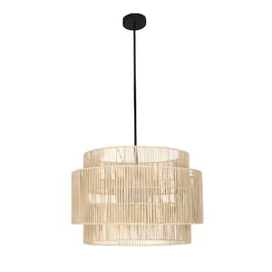 21.6 in. 1-Light Beige Natural Rattan Pendant Light with Black Canopy