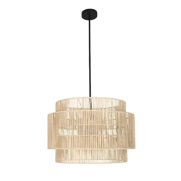 Pia Ricco 21.6 in. 1-Light Beige Natural Rattan Pendant Light with Black Canopy