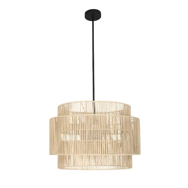 21.6 in. 1-Light Beige Natural Rattan Pendant Light with Black Canopy