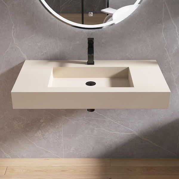 35 in. W x 19 in. D x 4 in. H Rectangular Solid Surface Bathroom Wall-Mount Sink/ Vessel Sink in Cream with Faucet Hole