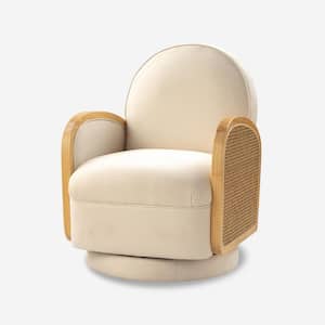 Maria Modern Ivory Rattan 360-Degree Swivel Chair with Solid Wood Arm
