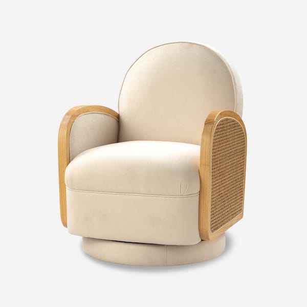 JAYDEN CREATION Maria Modern Ivory Rattan 360-Degree Swivel Chair with Solid Wood Arm