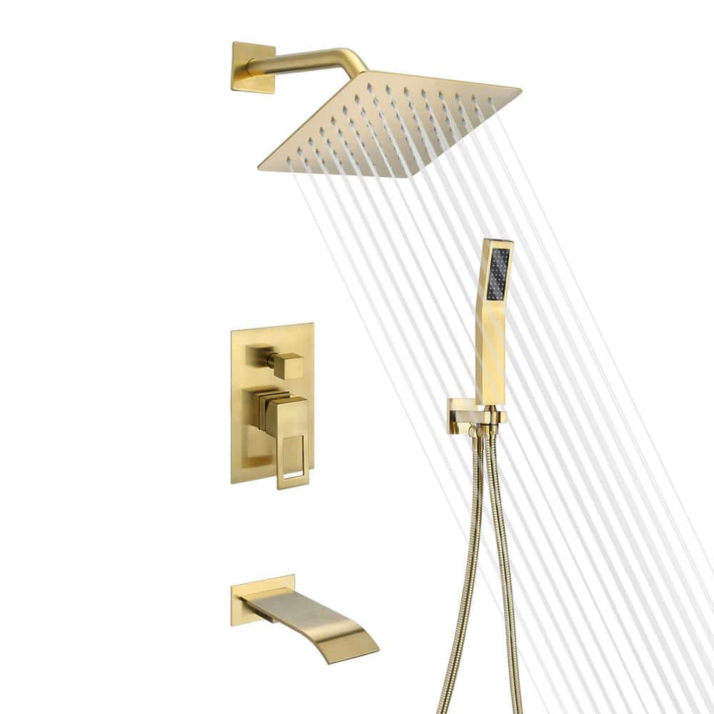 Sumerain Brushed Gold Shower Faucet Set with 8 Inches Stainless Steel Rain Shower Head, Solid Brass Rough in Valve