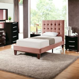 Pink Wood Frame Twin Panel Bed with Tufted, Upholstered