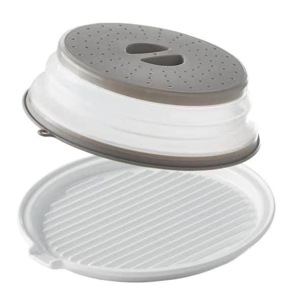 11 in. Round Microwave Bacon Tray with Lid for Oven Cooking, Ceramic Bacon Cooker Meat Rack, Crispy Bacon Maker, White