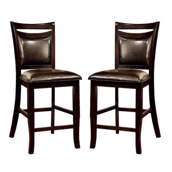 Benjara 37 in. Espresso Low Back Wood Frame Bar Stool with Leather Seat (Set of 2)