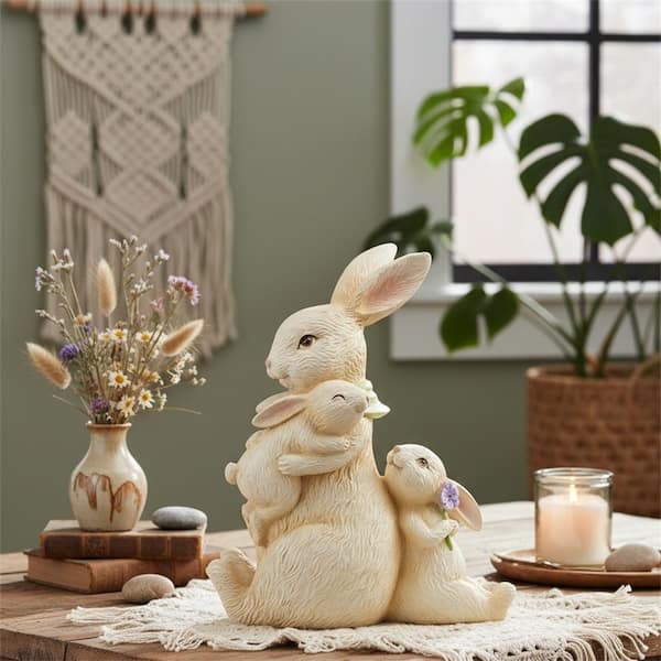 Beige 3 in. x 4 in. Resin Family Bunny Figurines LINBQ529 - The