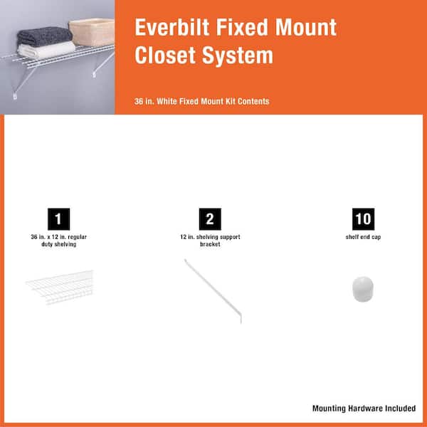 Everbilt - 48 in. W to 48.82 in. W x 12 in. White Fixed Mount Shelf Kit Adjustable Wire Closet System