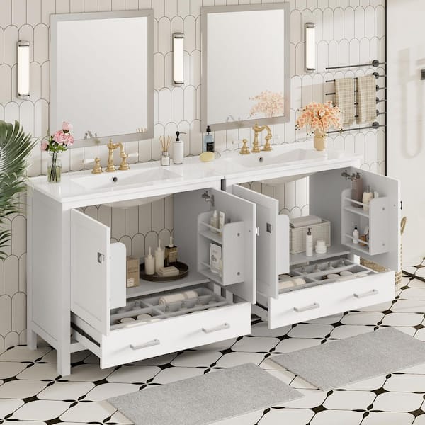 72 in. Double-Sink Free-Standing White Bath Vanity with White Ceramic Top, Soft-Close Doors, Double Storage Shelves