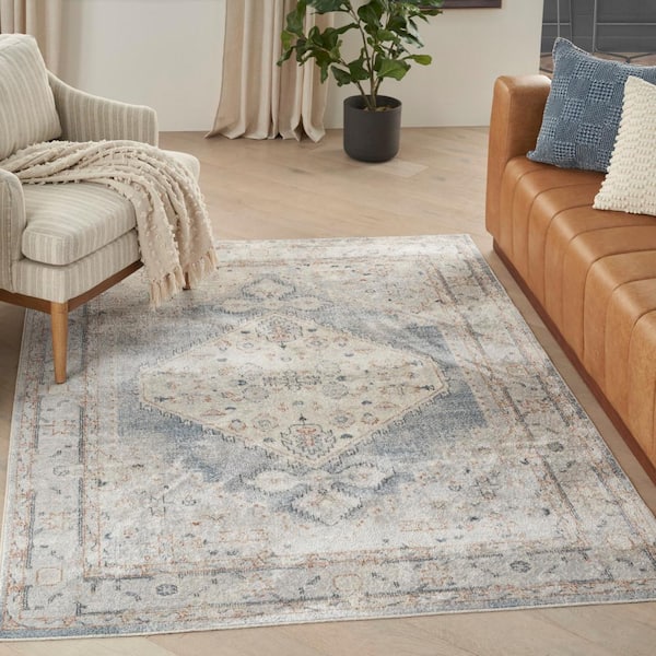 Astra Machine Washable Light Blue 7 ft. x 9 ft. Vintage Persian Area Rug