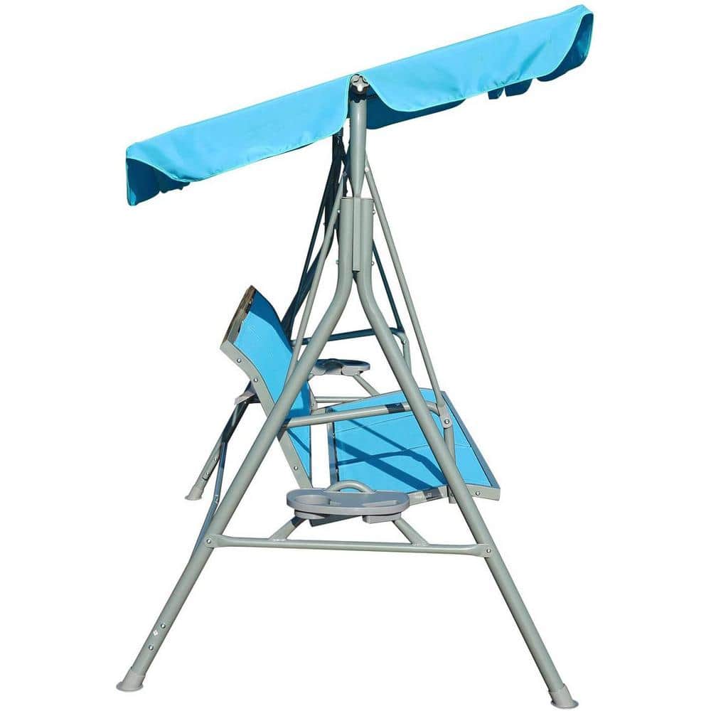 Gray and Blue Steel 3-Person Porch Swing with Adjustable Canopy