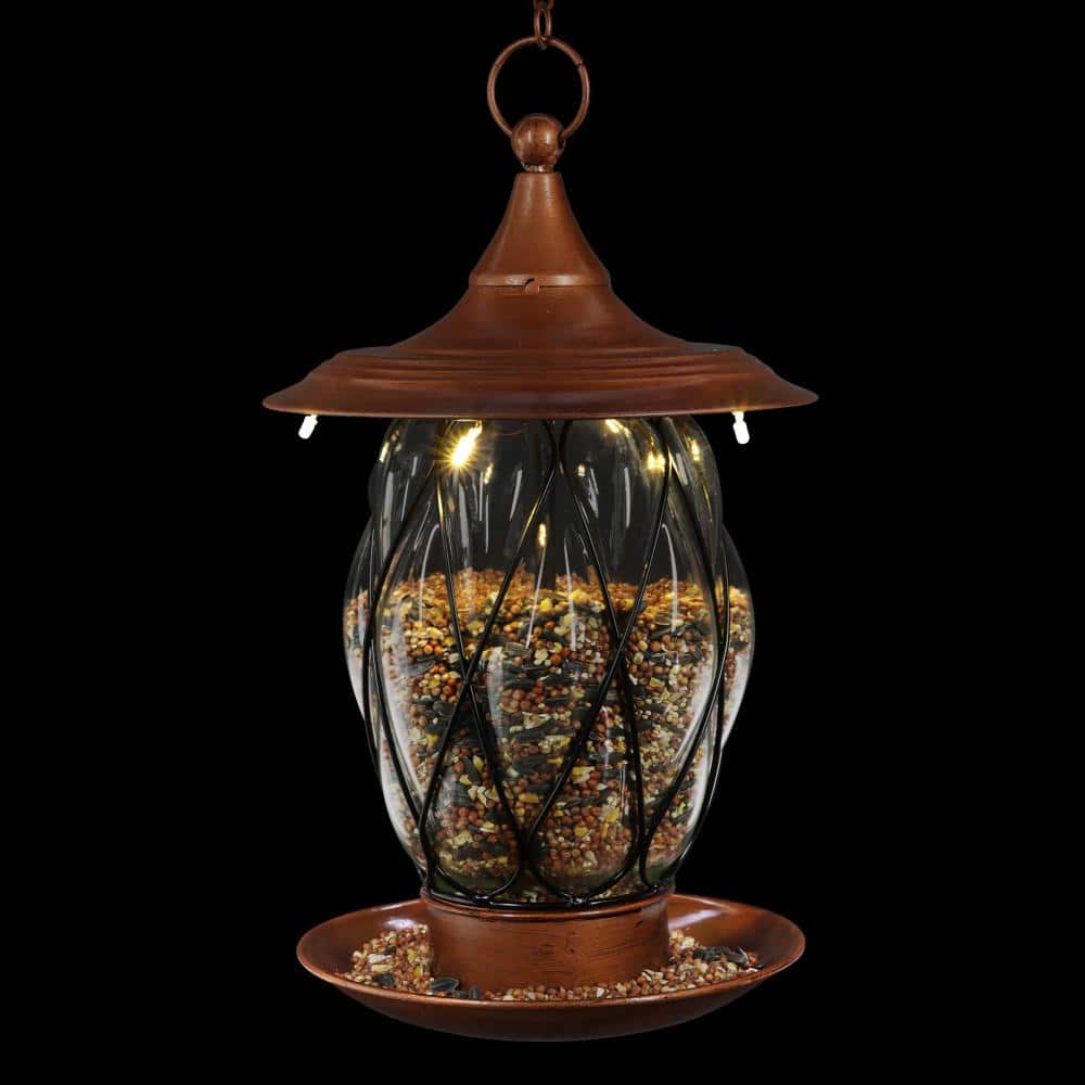 Solar Bronze Metal and Glass Hanging Bird Feeder
