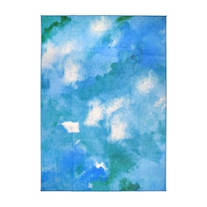 Watercolor Aqua Blue 5 ft. x 7 ft. Abstract Washable Area Rug