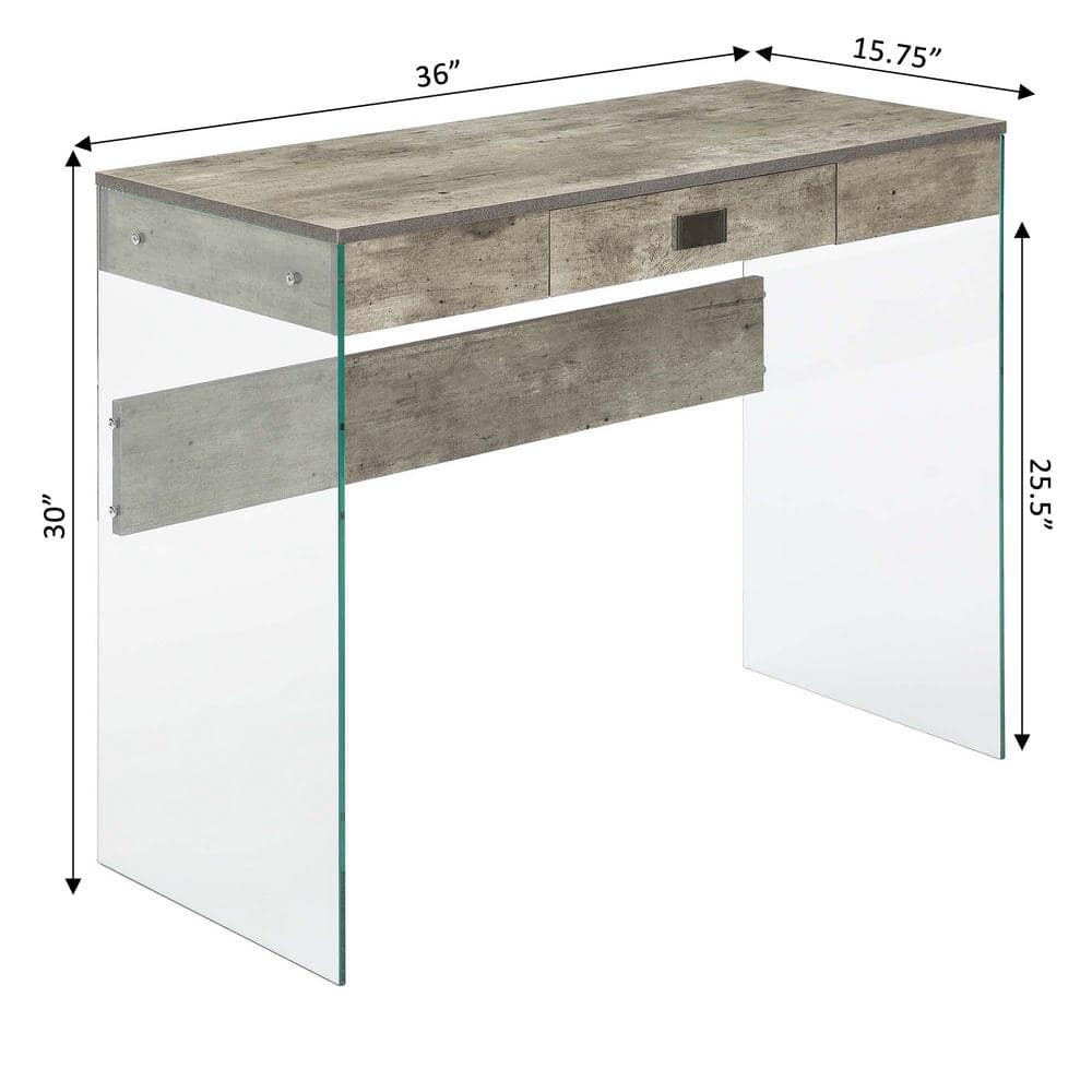 Weathered Gray Faux Birch 36" Glass Desk with Drawer