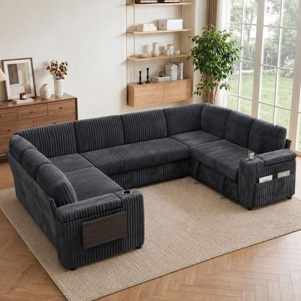 108" 8-Seat U Modular Corduroy Sleeper Sectional,Storage Chaise,USB,Cup Holders,Side Table,Storage Arms,