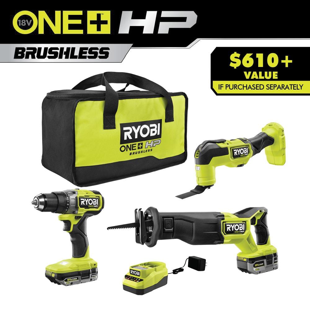 RYOBI ONE+ HP 18V Brushless Cordless Combo Kit (3-Tool) with (2) HIGH PERFORMANCE Batteries, Charger, and Bag -  PBLCK303K