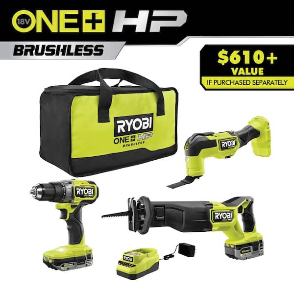RYOBI PBLCK303K ONE+ HP 18V Brushless Cordless Combo Kit (3-Tool) with (2) HIGH PERFORMANCE Batteries, Charger, and Bag - 1