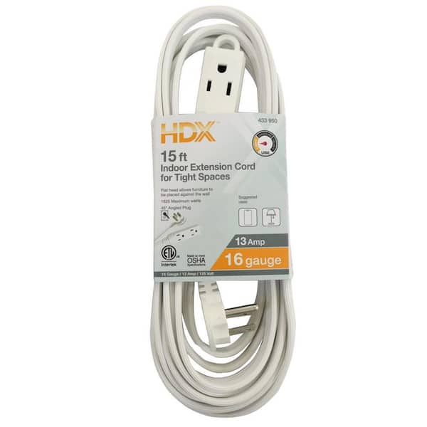 15 ft. 16/3 Light Duty Indoor Tight Space Multi-Outlet Extension Cord with Banana Tap, White