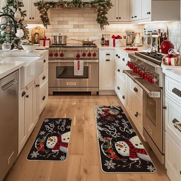 Snowman Christmas Indoor Kitchen Mats Set of 2-Black (17 in. x 29 in. Plus 17 in. x 47 in. )