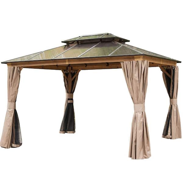 ToolCat 10 ft. x 12 ft. Wood Grain Aluminum Double Galvanized Steel Roof Gazebo with Ceiling Hook, Mosquito Netting and Curtains