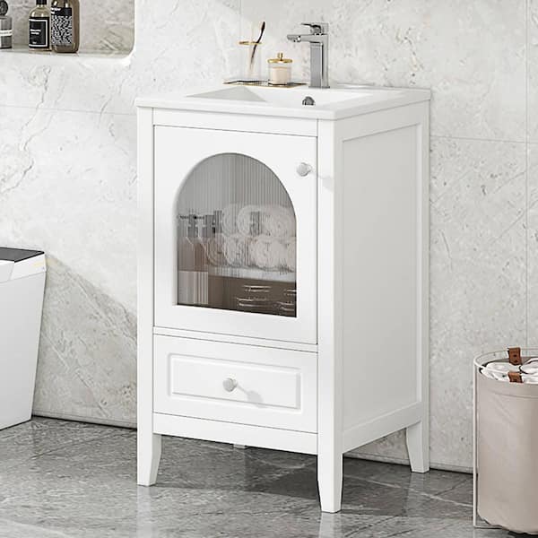 EPOWP 20 in. W x 18.3 in. D x 34 in. H Single Sink Freestanding Bath Vanity in White with White Ceramic Top and Storage