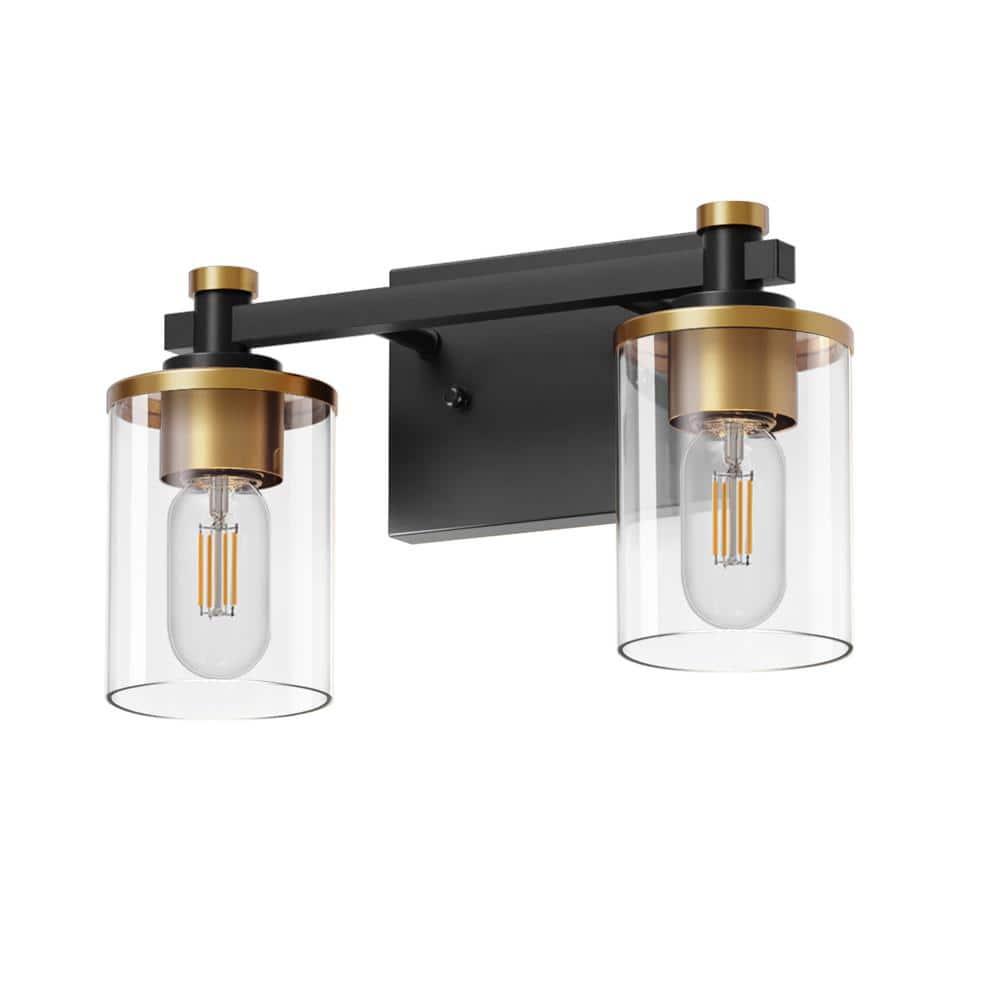 14 in. 2-Light Modern Black and Gold Bathroom Vanity Light with Clear Glass Shades for Bathroom, Bedroom, and Hallway price history on PriceWatchPro