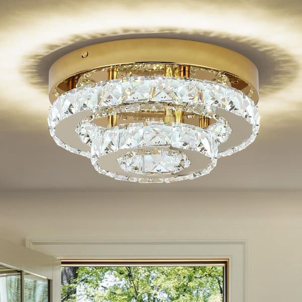 9.84 in. Modern Gold Integrated LED Flush Mount Ceiling Light with Crystal Shade
