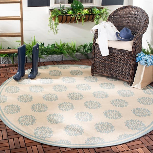 Beach House Cream/Aqua 7 ft. x 7 ft. Round Geometric Indoor/Outdoor Patio  Area Rug