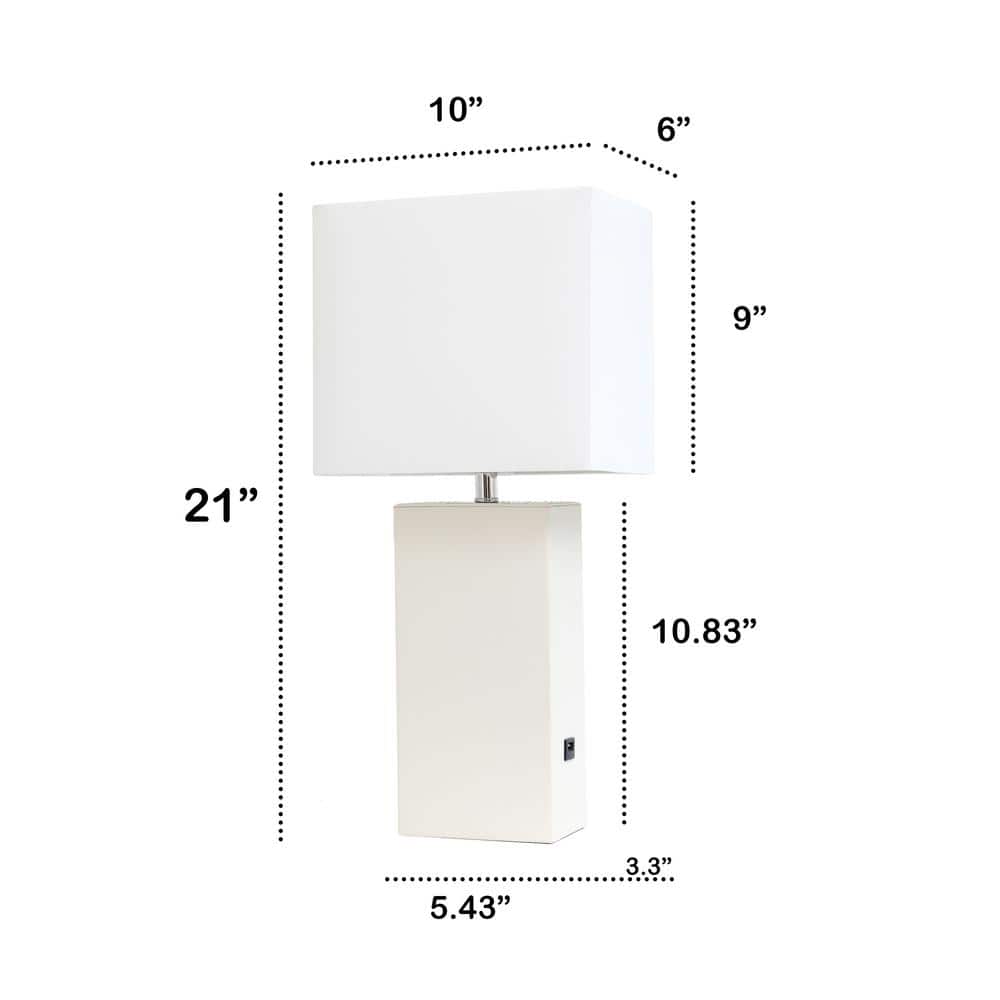 21" White Leather Base Modern Nightstand Lamp with USB Port
