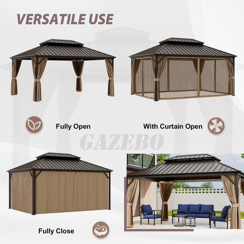 Brown 12' x 16' Aluminum and Steel Hardtop Gazebo with Curtains