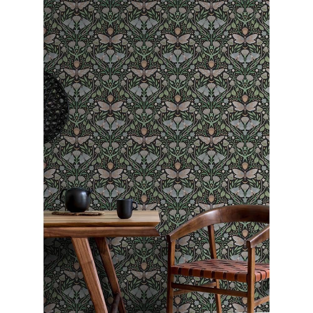 Black Damask Peel and Stick Wallpaper with Forest Design