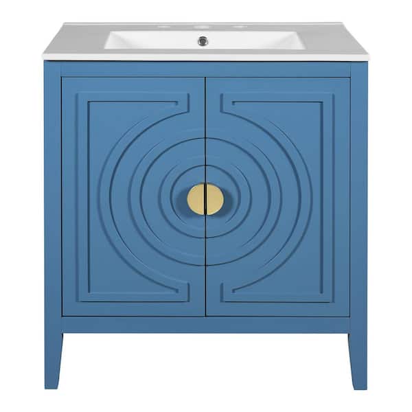 30 in. Freestanding Blue Bath Vanity with White Ceramic Top Unassembled
