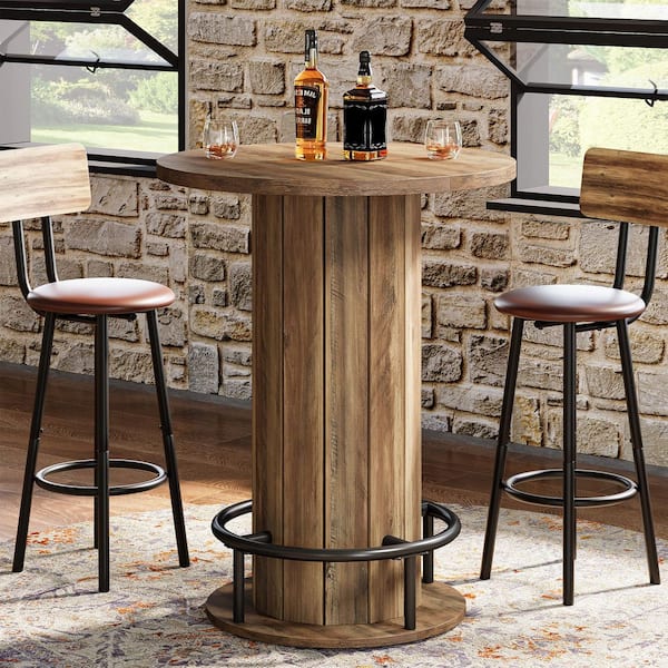 Kearsten 39.4 in. H Rustic Brown Round Bar Table, Bistro Pub Table with Metal Ring Footrest for Dining Coffee Cocktail